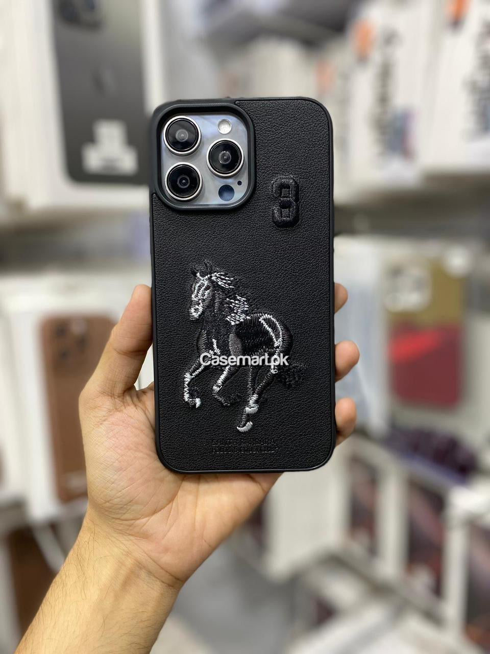 Polo Embroidered Leather Case for Apple iPhone Black Boris Horse SBPRC