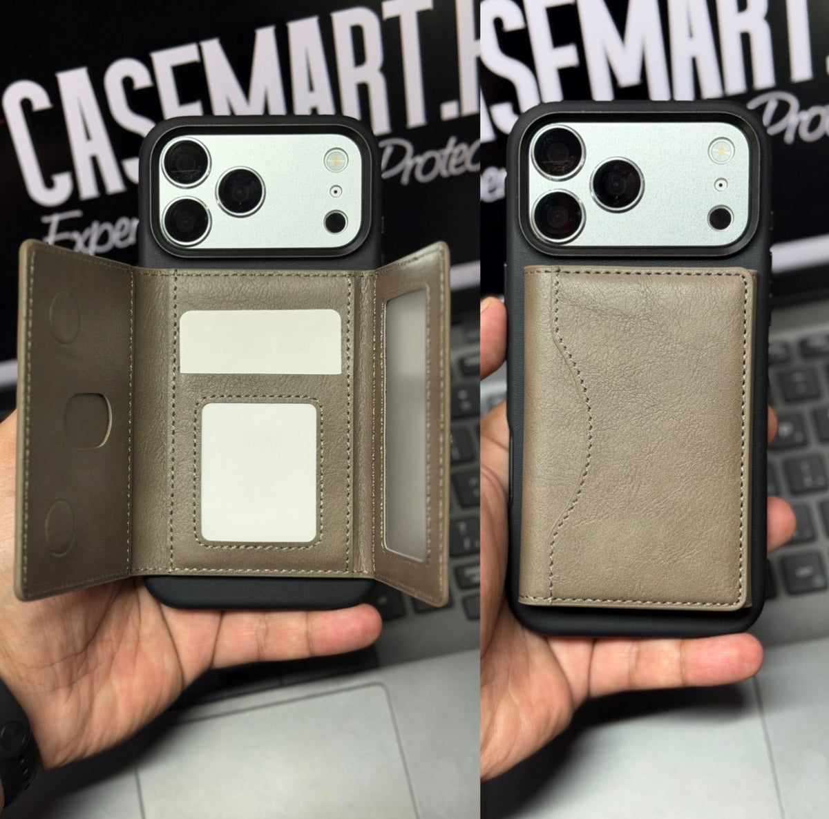 Slim Tri-Fold MagSafe Leather Wallet With Stand