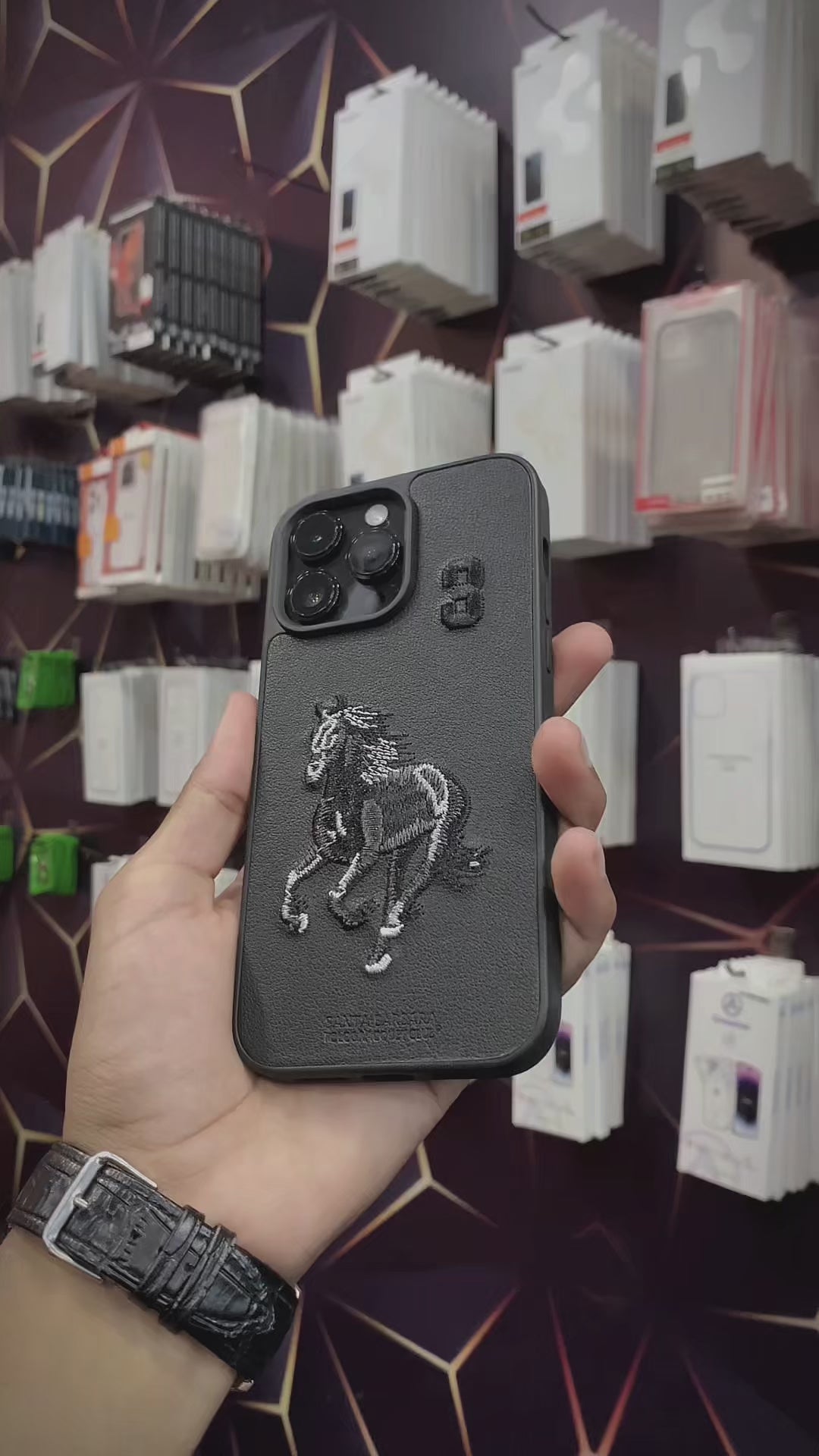 Polo Embroidered Leather Case for Apple iPhone Black Boris Horse SBPRC