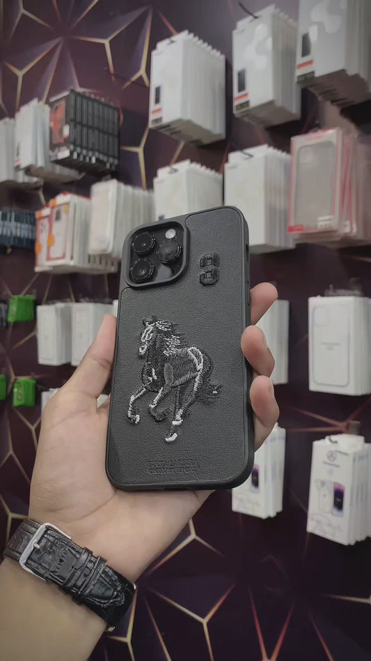 Polo Embroidered Leather Case for Apple iPhone Black Boris Horse SBPRC