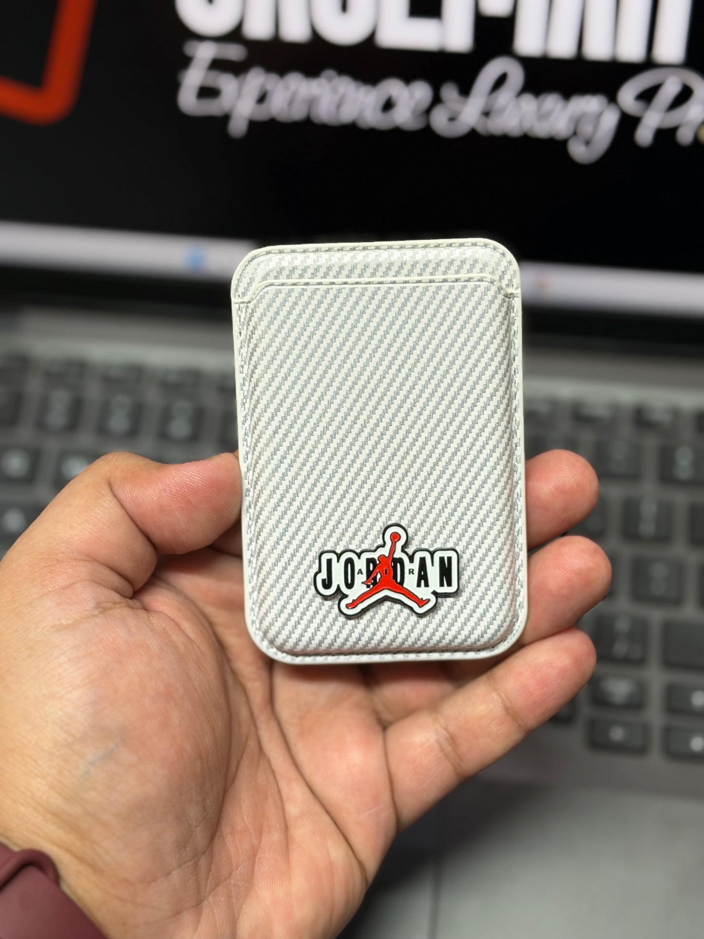 Brand 3D Metal Logo MagSafe Wallet - Slim Magnetic Card Holder Carbon + Leather