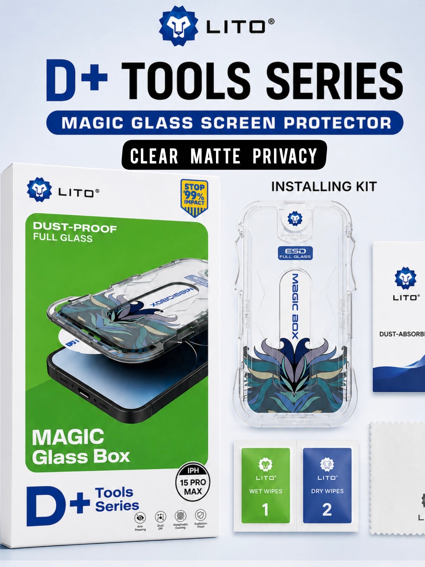 LITO Magic Glass Screen Protector Box With Applying Kit - Clear, Privacy & Matte for Apple iPhone | D+ Tools Series