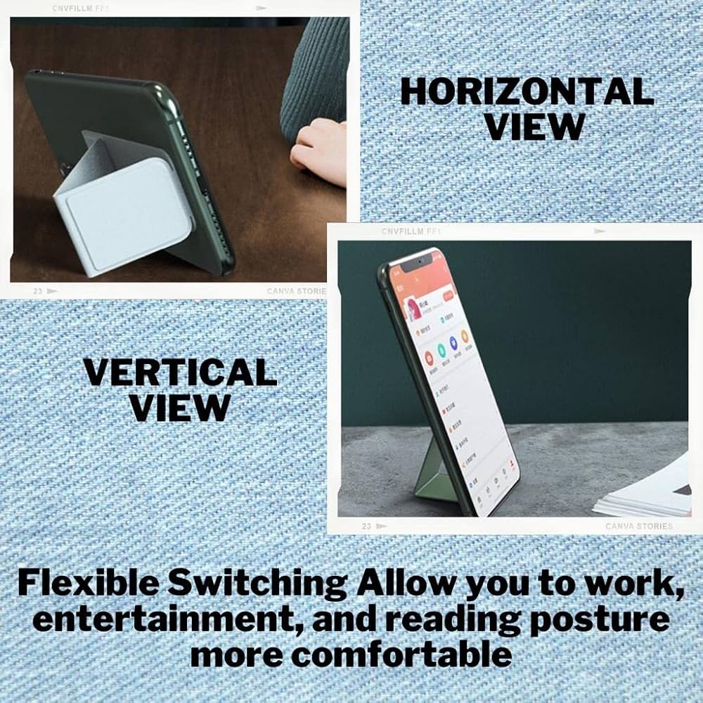 A promotional collage showing a foldable phone/tablet stand in two positions: horizontal and vertical. The collage includes text overlays reading 'HORIZONTAL VIEW', 'VERTICAL VIEW', and 'Flexible Switching Allow you to work, entertainment, and reading posture more comfortable' on a light blue textured background.