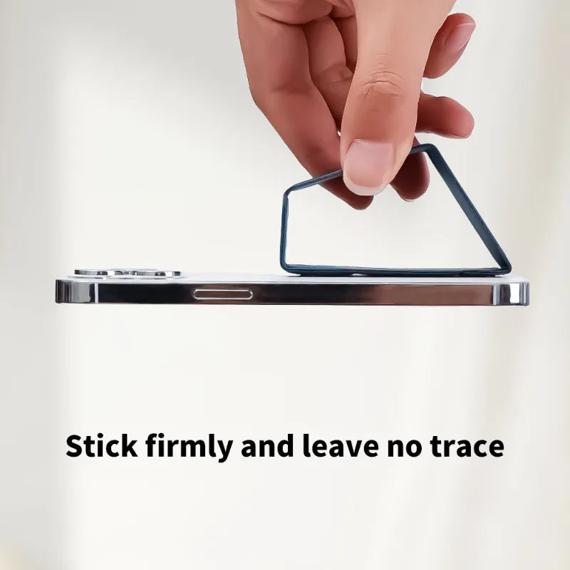 A hand is shown applying a thin black adhesive strip to the side of a smartphone, with the text 'Stick firmly and leave no trace' below. The background is a clean, off-white studio backdrop.