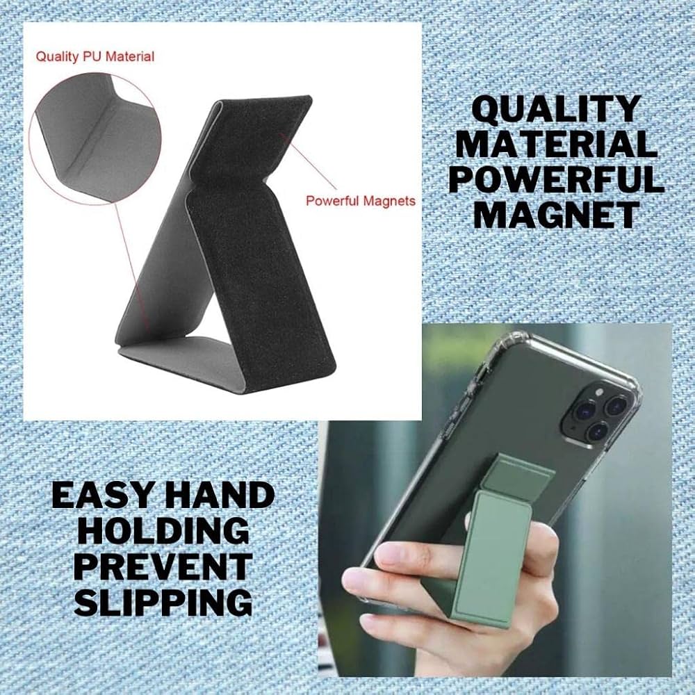 Phone stand with quality material and powerful magnets, held by a hand.