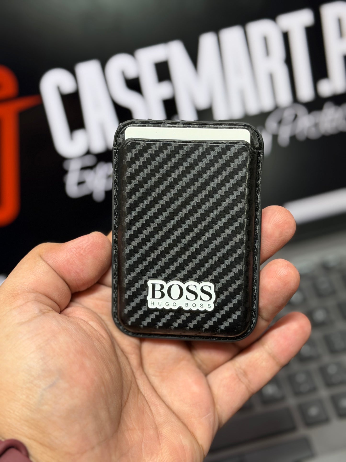Brand 3D Metal Logo MagSafe Wallet - Slim Magnetic Card Holder Carbon + Leather