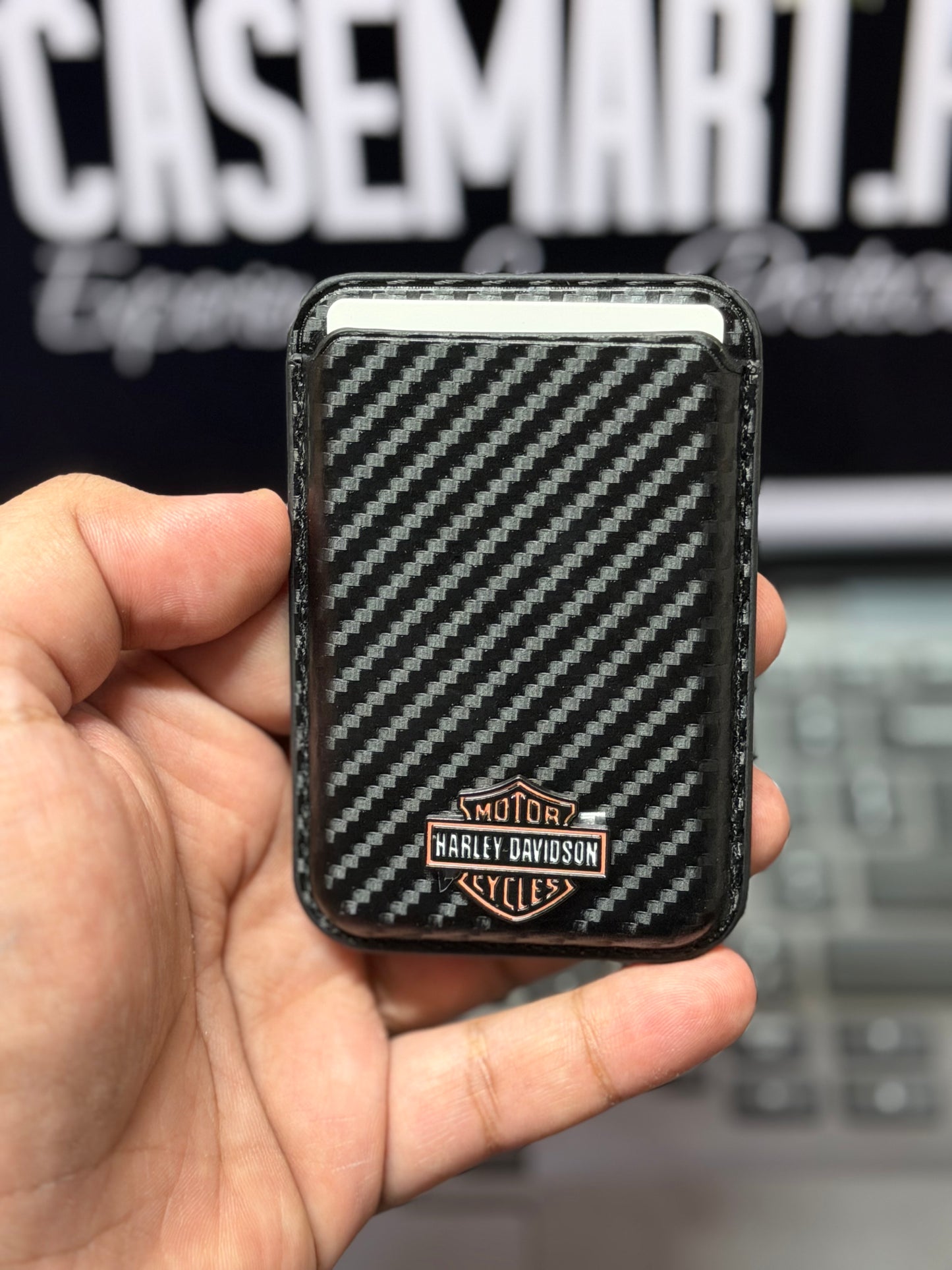 Brand 3D Metal Logo MagSafe Wallet - Slim Magnetic Card Holder Carbon + Leather