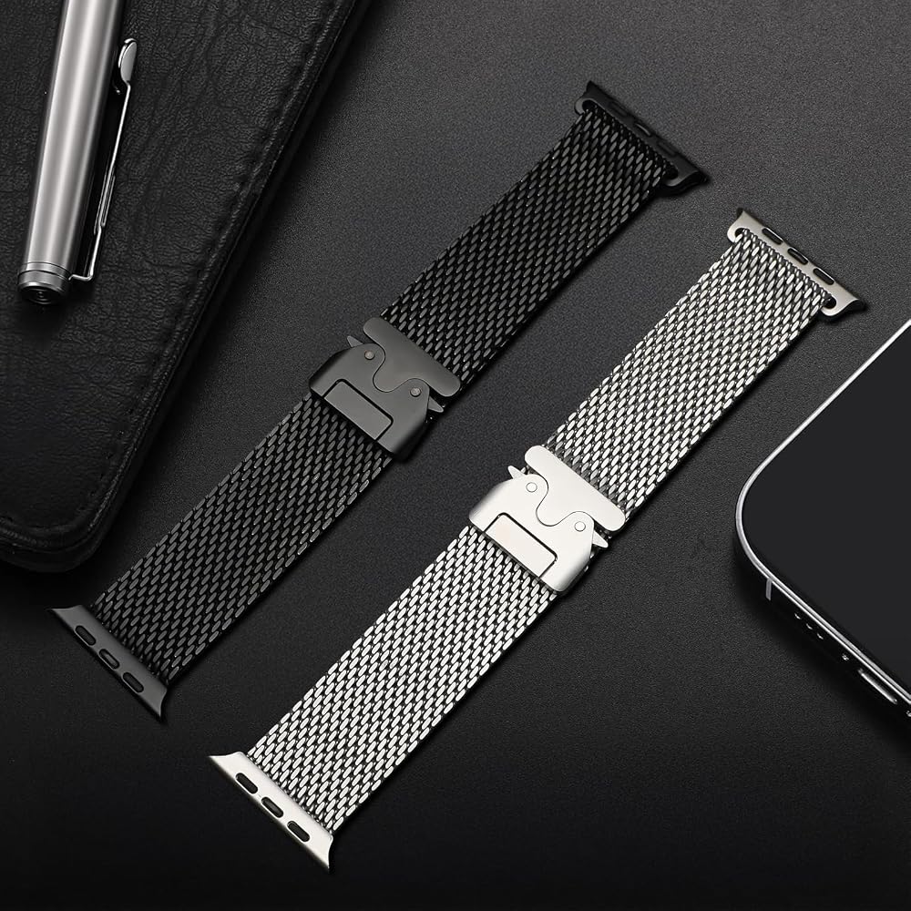 Titanium Milanese Mesh Loop Dual Release Buckle Band For Apple Watch From 42 to 49 mm