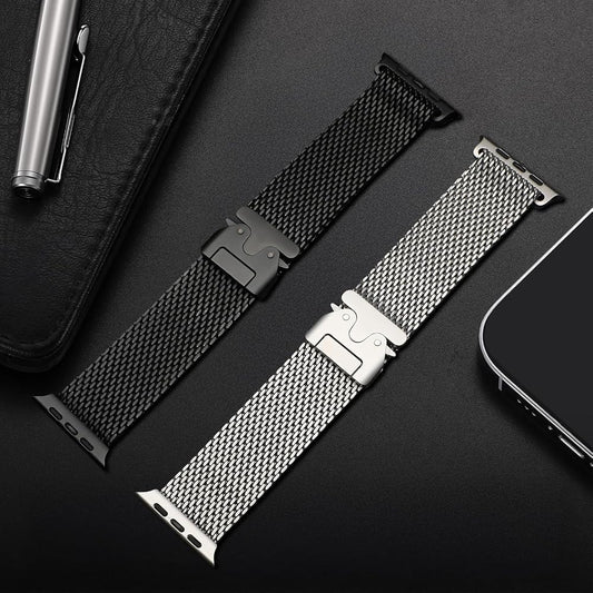 Titanium Milanese Mesh Loop Dual Release Buckle Band For Apple Watch From 42 to 49 mm