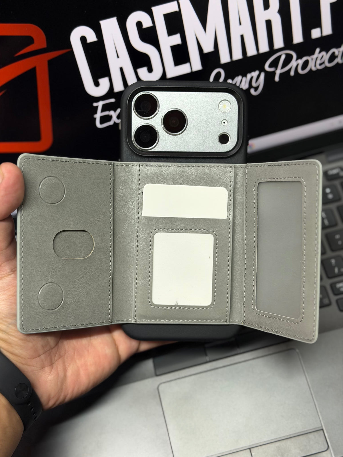 Slim Tri-Fold MagSafe Leather Wallet With Stand