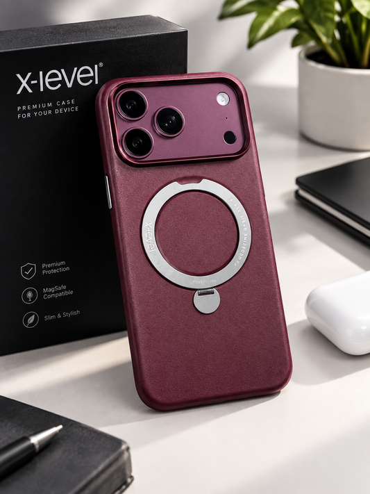 X-Level Leather MagSafe Stand Case for iPhone 18 Pro Max – Premium Slim Shockproof Burgundy Cover - Better Enjoyment Series